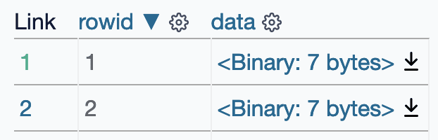 Screenshot showing download links next to binary data in the table view